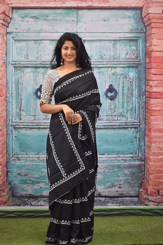 jaipuri, bagru hand block print pure soft cotton mulmul saree with blouse piece (Black)