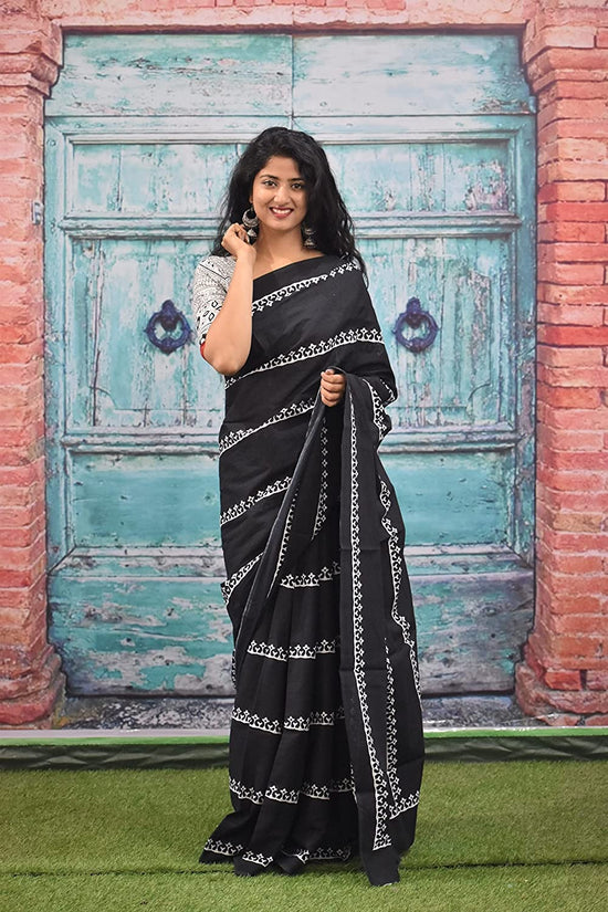 jaipuri, bagru hand block print pure soft cotton mulmul saree with blouse piece (Black)