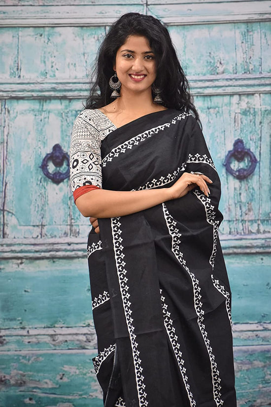 jaipuri, bagru hand block print pure soft cotton mulmul saree with blouse piece (Black)