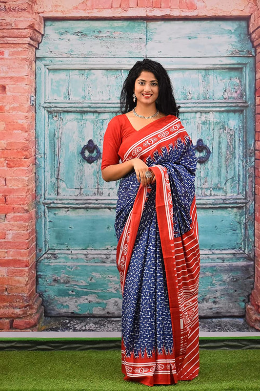 Jaipuri Hand Block Print Pure Soft Cotton Mulmul Saree (Blue)