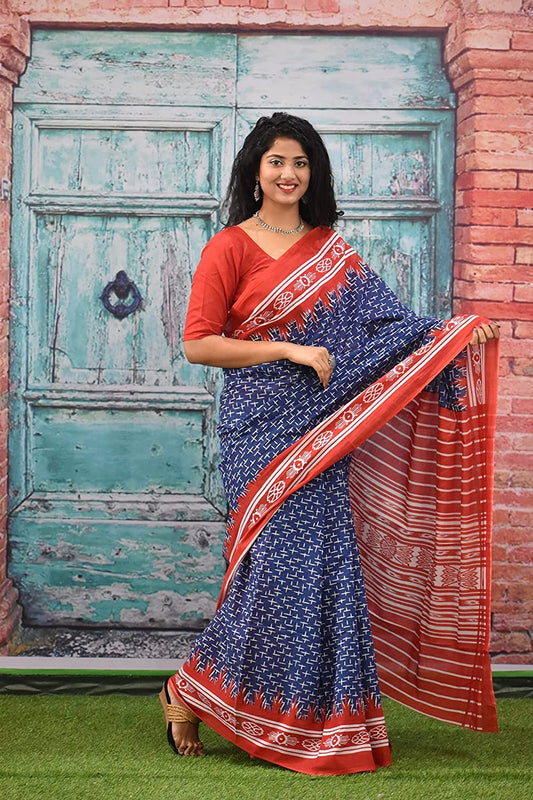 Jaipuri Hand Block Print Pure Soft Cotton Mulmul Saree (Blue)
