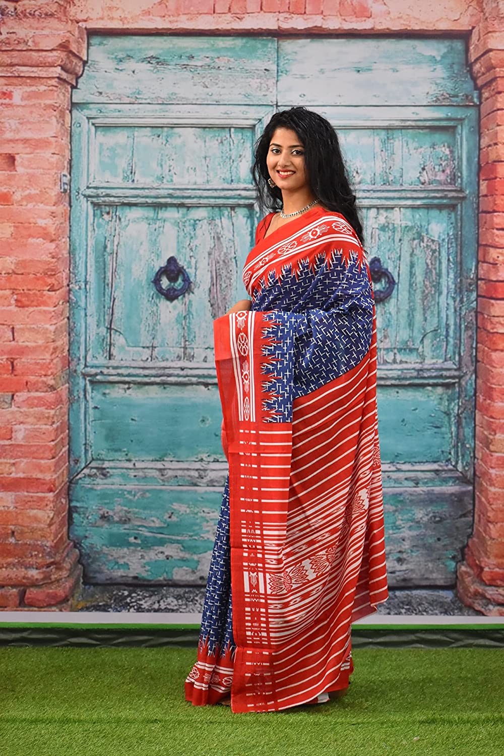 Jaipuri Hand Block Print Pure Soft Cotton Mulmul Saree (Blue)