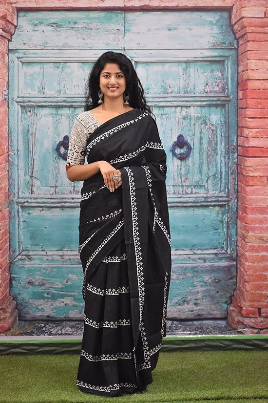 jaipuri, bagru hand block print pure soft cotton mulmul saree with blouse piece (Black)