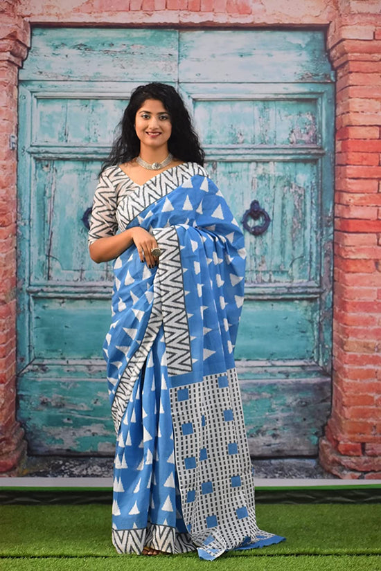 Pompom Lace Blue Triangle Jaipuri Print Pure Soft Cotton Mulmul Saree With Blouse Piece