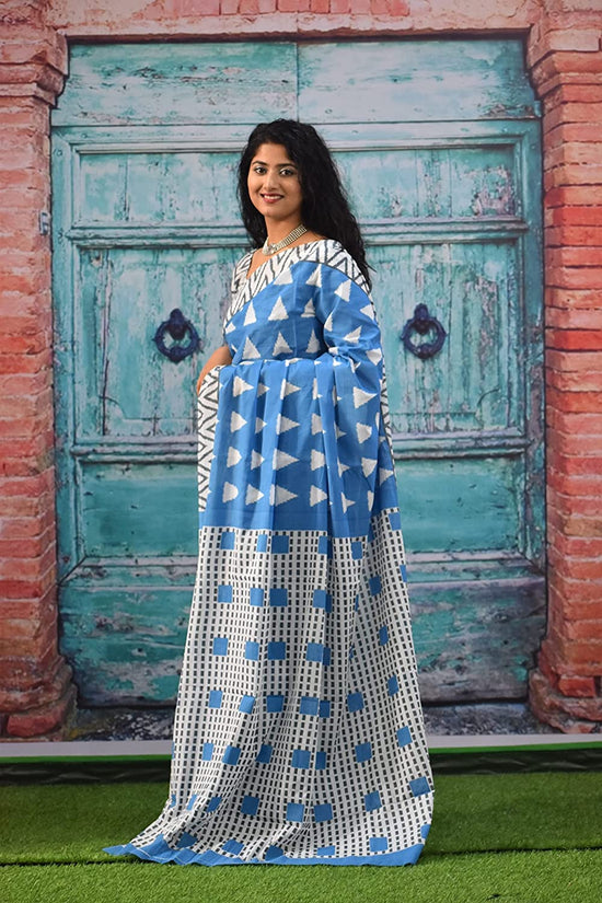 Pompom Lace Blue Triangle Jaipuri Print Pure Soft Cotton Mulmul Saree With Blouse Piece