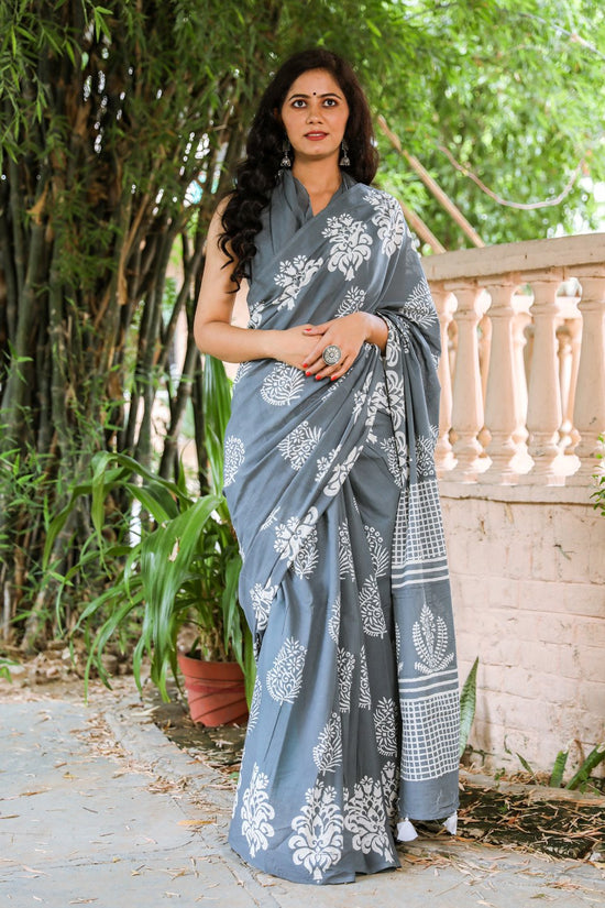 Jaipuri, Bagru Hand Block Print Pure Soft Cotton Mulmul Saree with Blouse Piece (Grey)