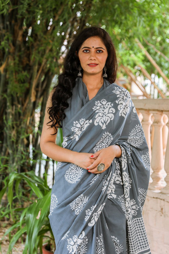 Jaipuri, Bagru Hand Block Print Pure Soft Cotton Mulmul Saree with Blouse Piece (Grey)