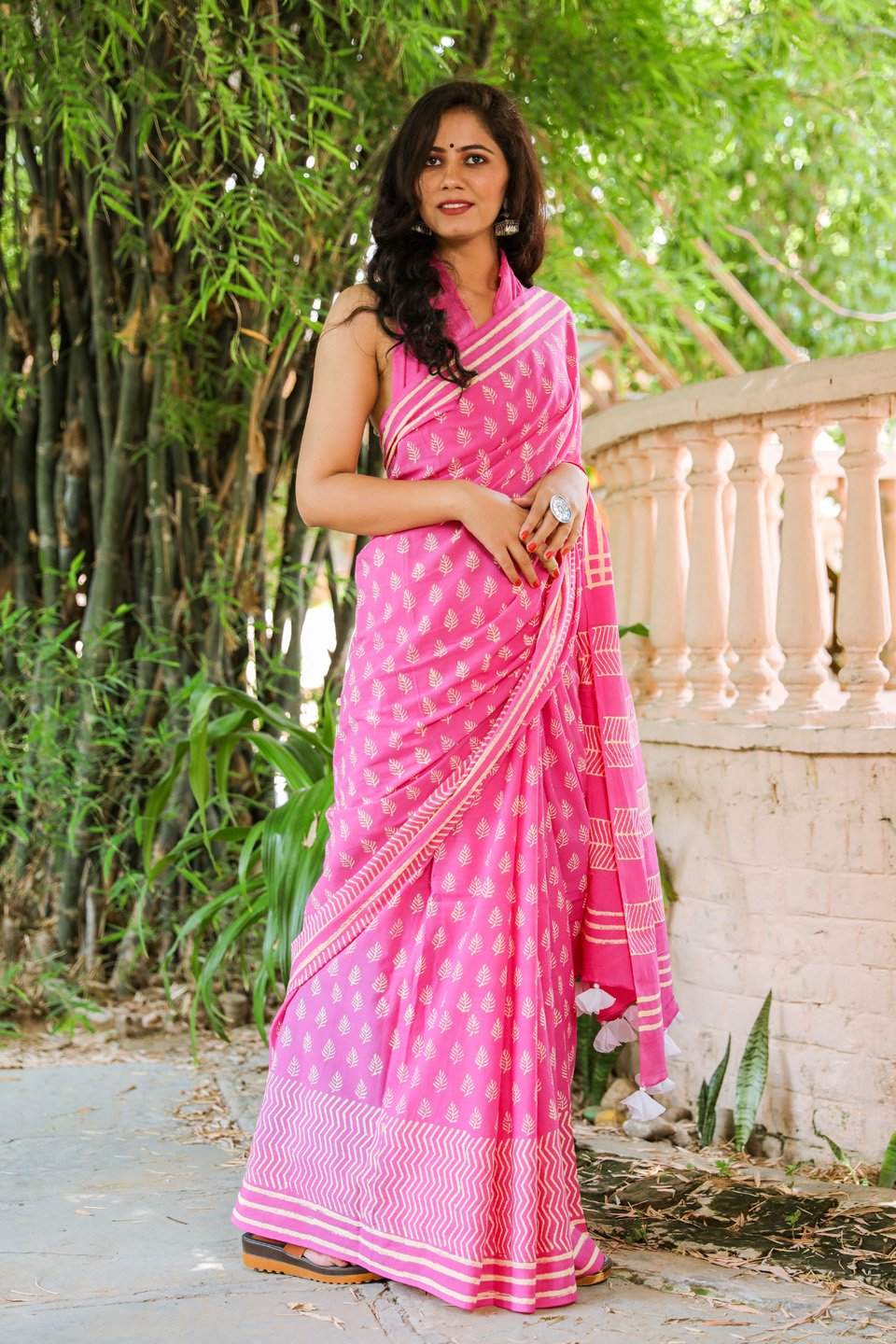 Pink buta mulmul saree