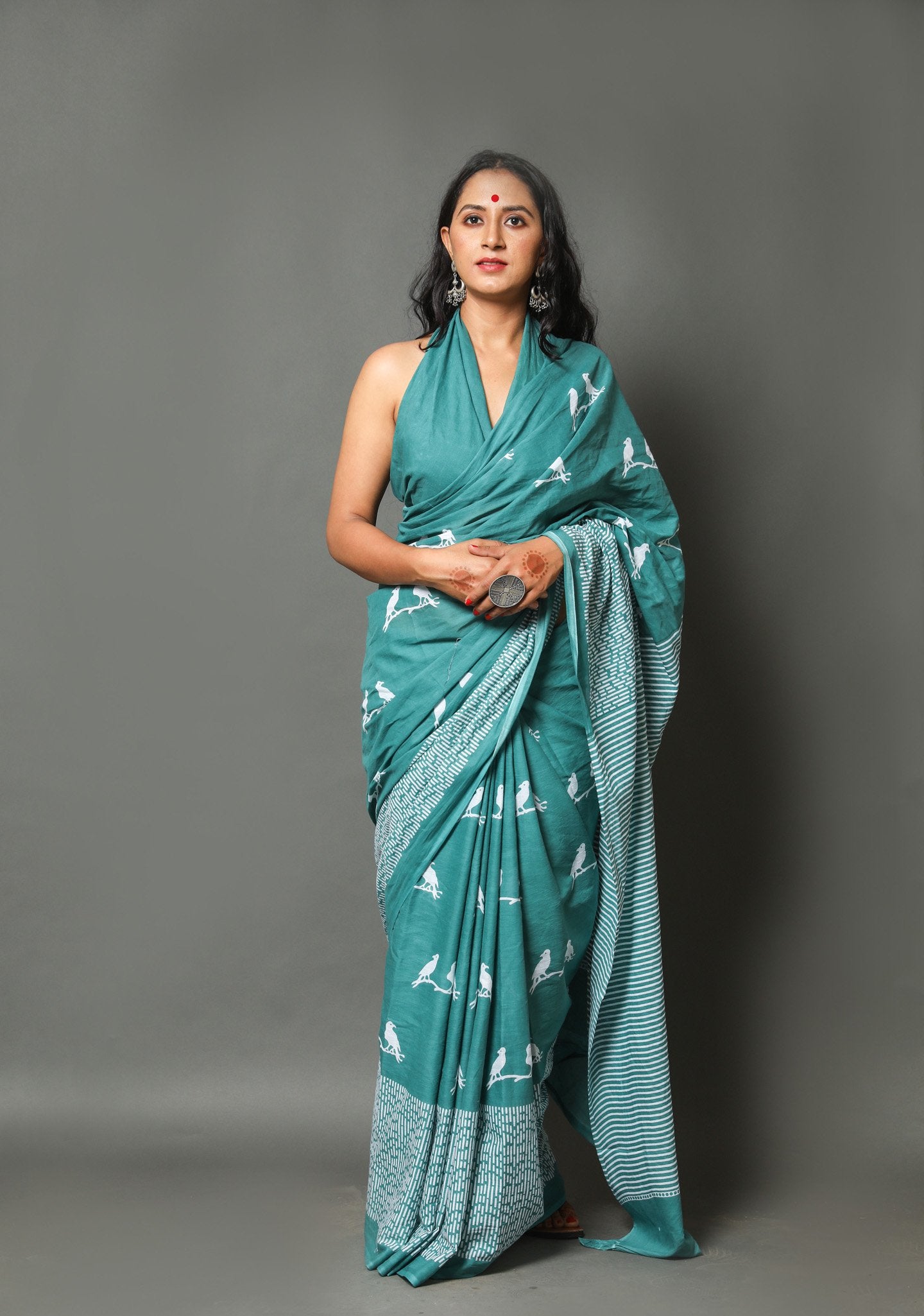 teal buta cotton mulmul saree