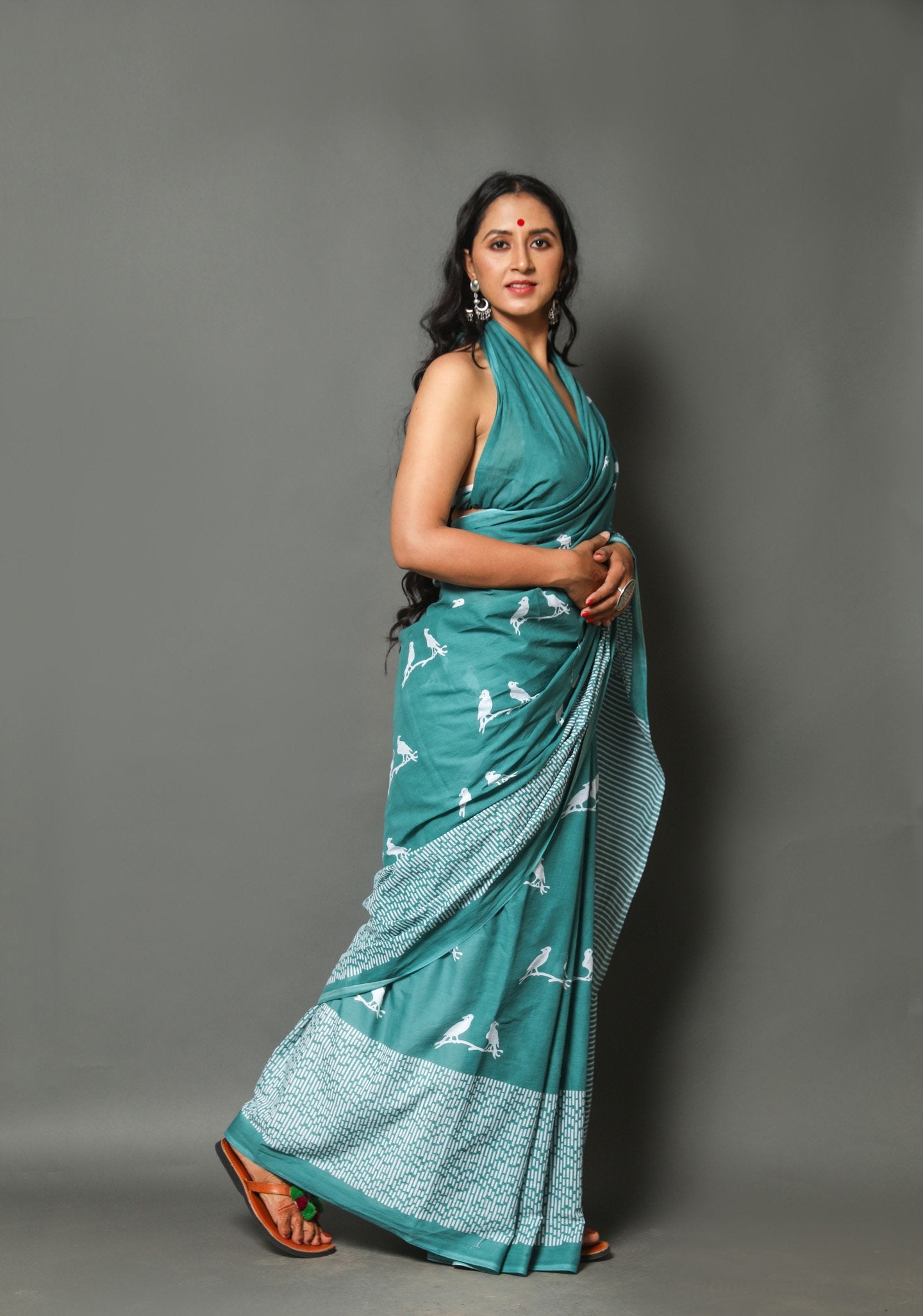 teal buta cotton mulmul saree