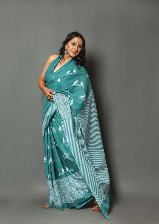 teal buta cotton mulmul saree