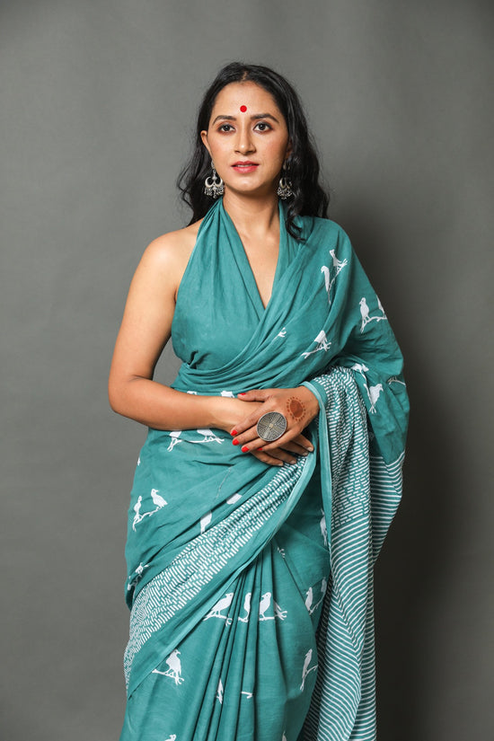teal buta cotton mulmul saree