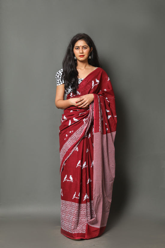 Maroon  buta cotton mulmul saree
