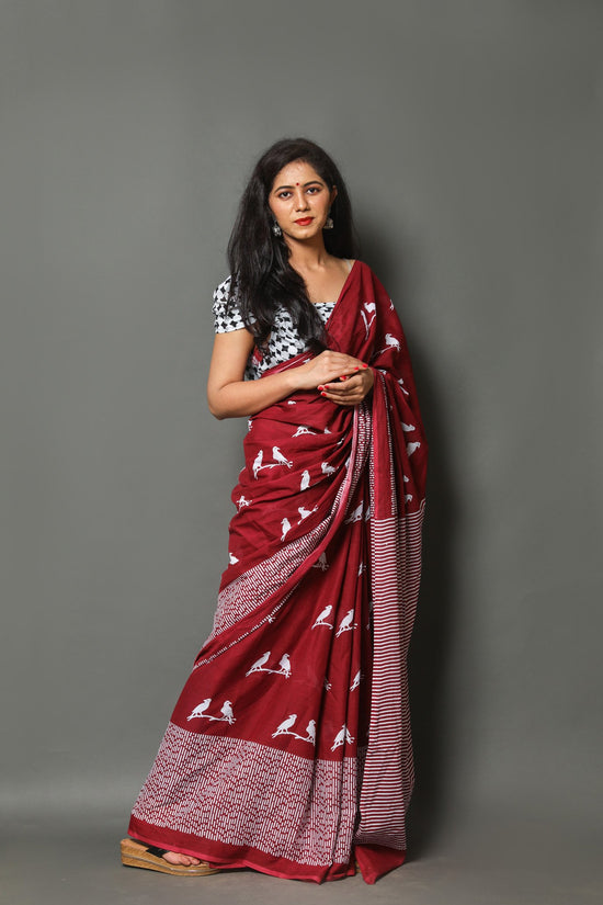 Maroon  buta cotton mulmul saree