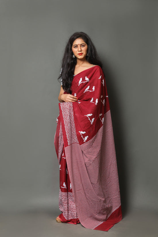 Maroon  buta cotton mulmul saree