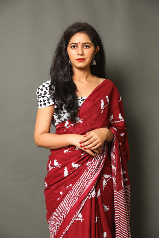 Maroon  buta cotton mulmul saree