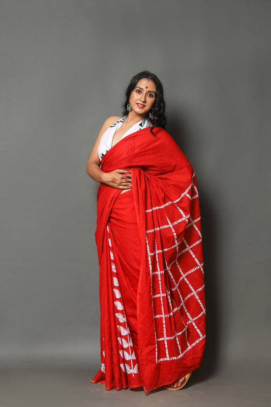 Red buta cotton mulmul saree