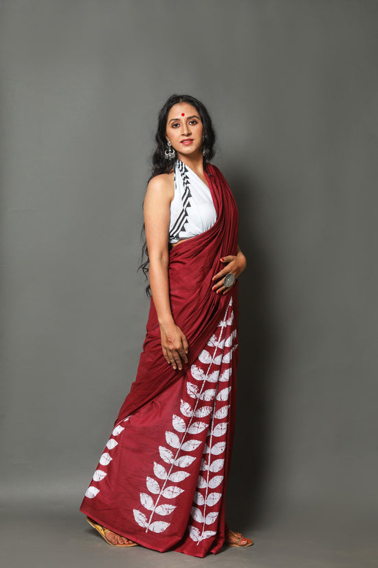 Maroon buta cotton mulmul saree