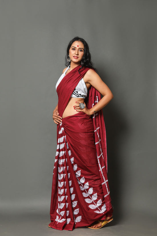 Maroon buta cotton mulmul saree