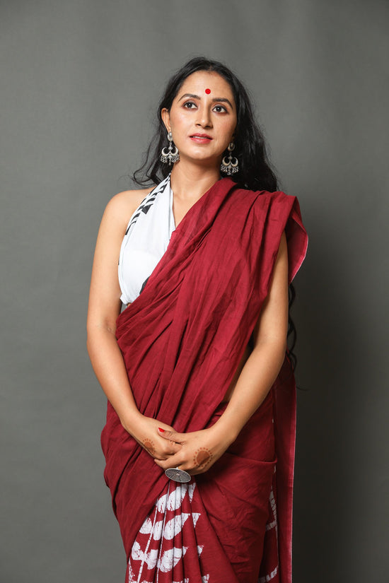 Maroon buta cotton mulmul saree