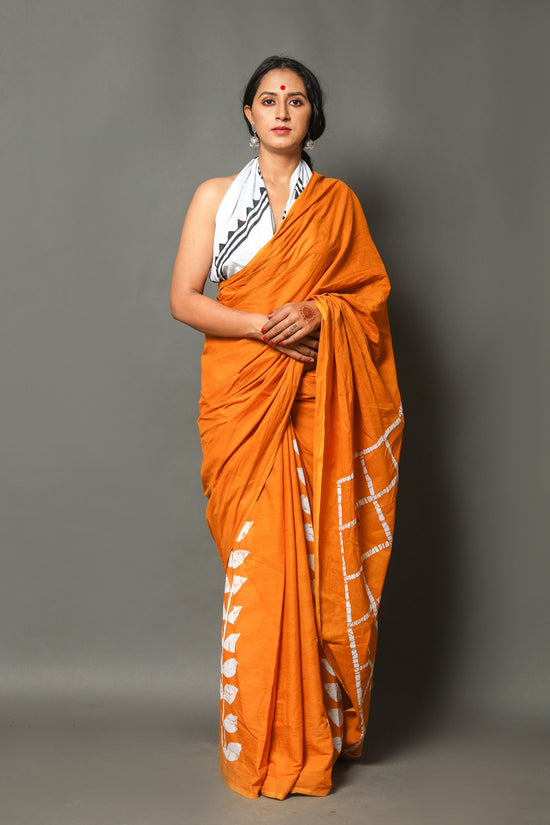 Orange Cotton Mumul Saree With Blouse Piece