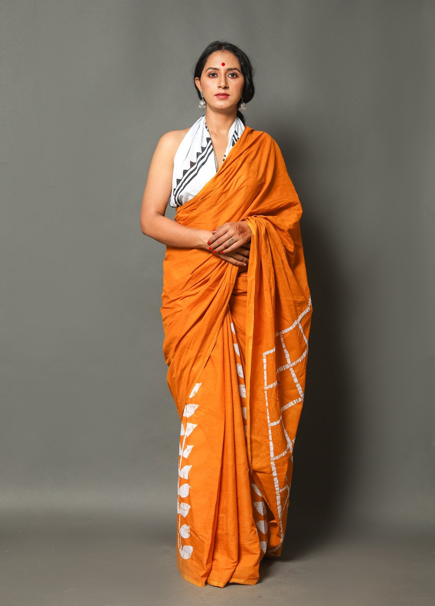 Orange Cotton Mumul Saree With Blouse Piece