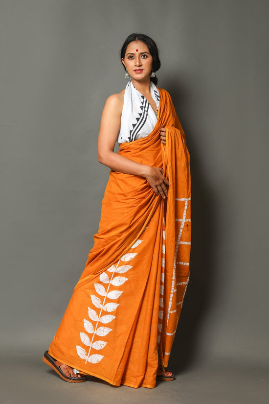 Orange Cotton Mumul Saree With Blouse Piece