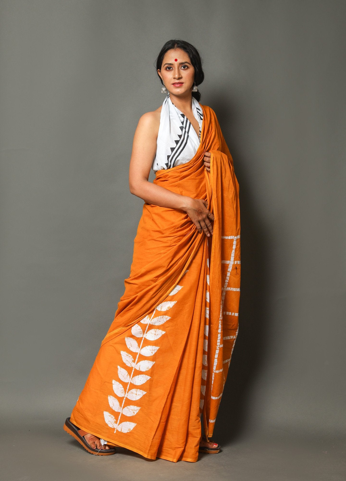 Orange Cotton Mumul Saree With Blouse Piece