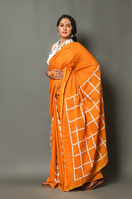 Orange Cotton Mumul Saree With Blouse Piece