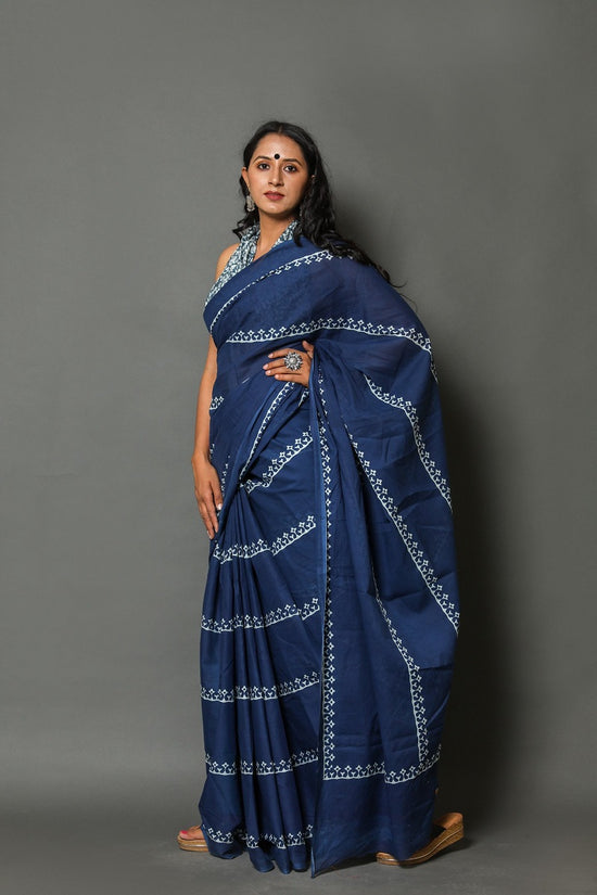 Blue Printed  Cotton Mulmul Saree With Blouse Piece