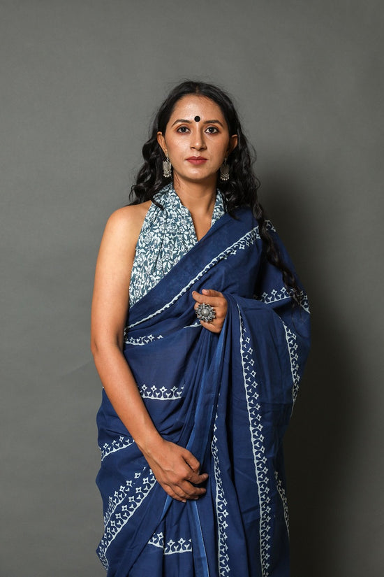 Blue Printed  Cotton Mulmul Saree With Blouse Piece