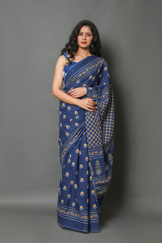 Blue Printed Cotton Mulmul Saree With Blouse Piece