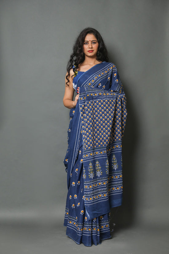 Blue Printed Cotton Mulmul Saree With Blouse Piece