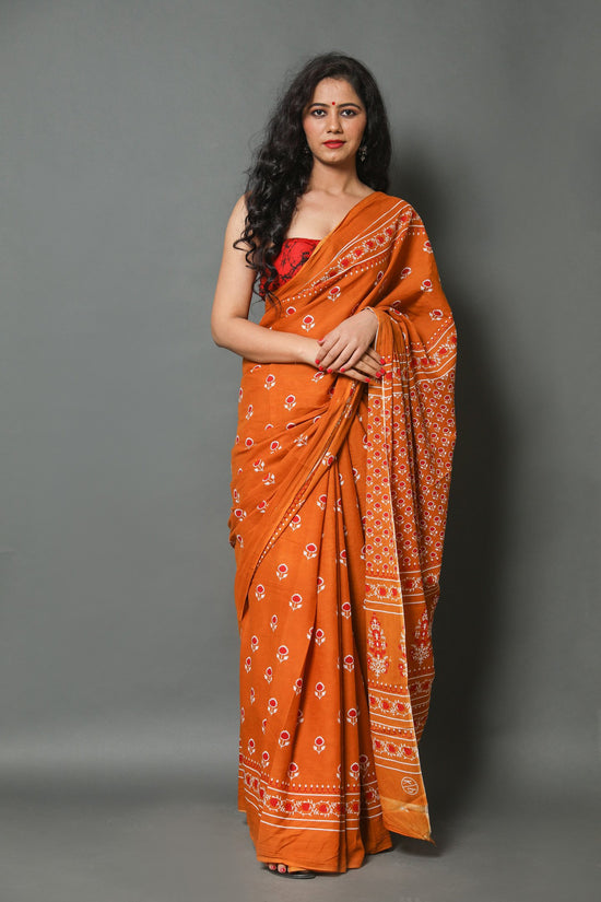 Orange  Cotton Mulmul Saree With Blouse Piece