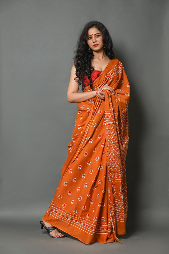 Orange  Cotton Mulmul Saree With Blouse Piece