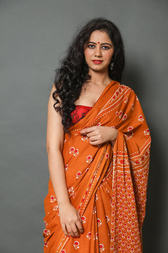 Orange  Cotton Mulmul Saree With Blouse Piece