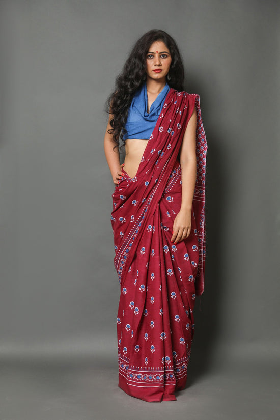 Maroon Buta Cotton Mulmul Saree With Blouse Piece