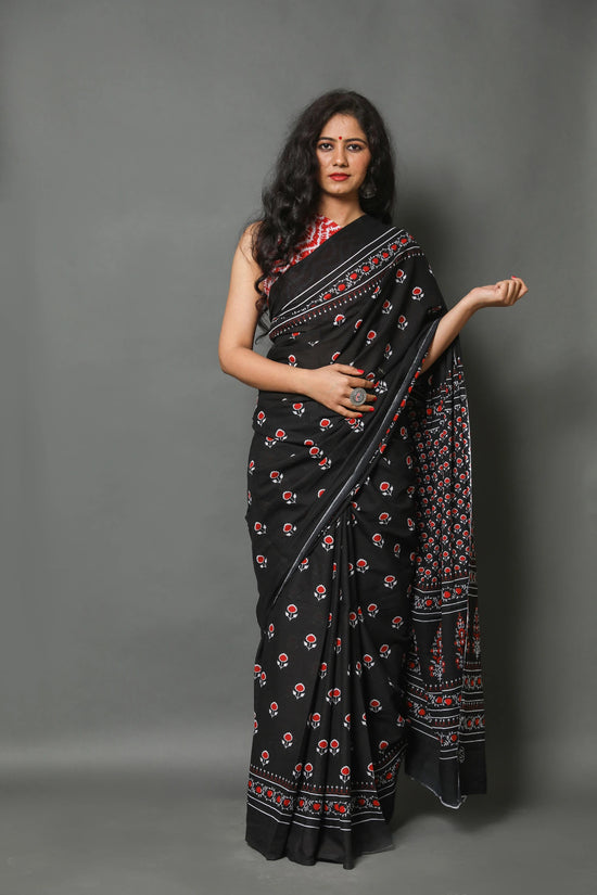 Black Buta Cotton Mulmul Saree With Blouse Piece