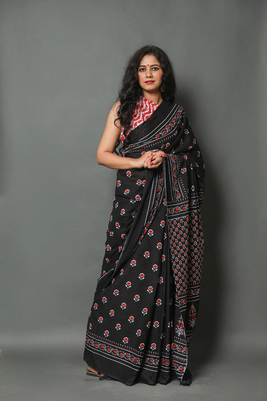 Black Buta Cotton Mulmul Saree With Blouse Piece