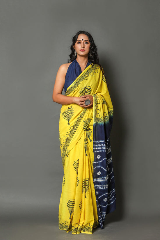 yellow & black Cotton Mulmul Saree With Blouse Piece