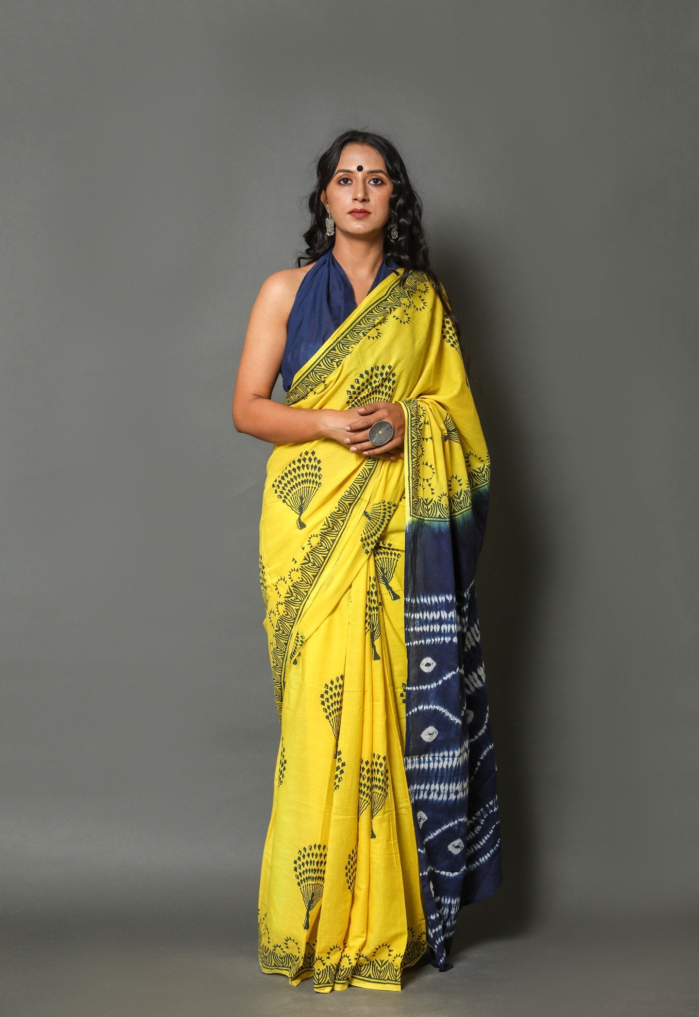 yellow & black Cotton Mulmul Saree With Blouse Piece