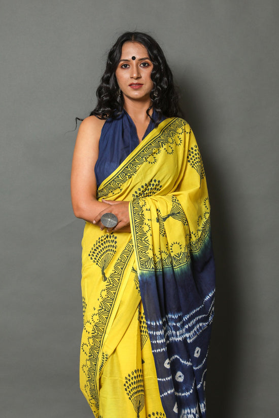 yellow & black Cotton Mulmul Saree With Blouse Piece