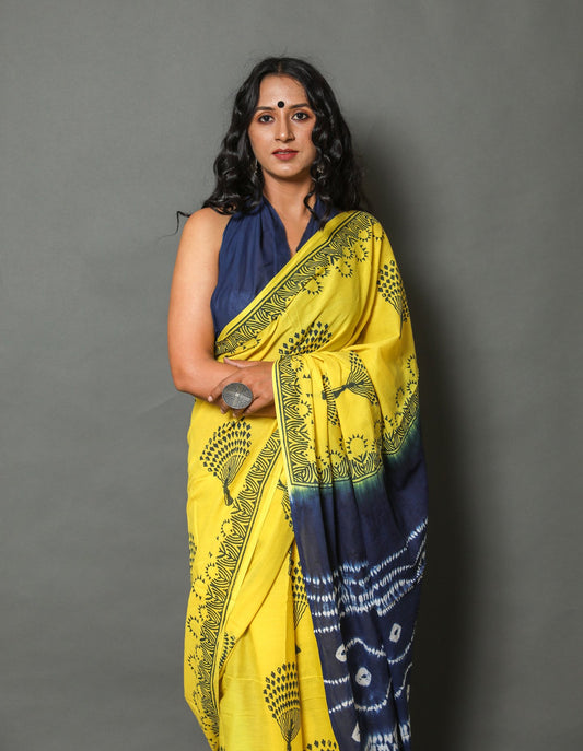 yellow & black Cotton Mulmul Saree With Blouse Piece