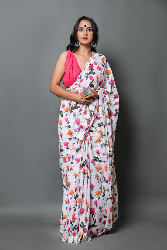 Pink Flower Cotton Mulmul Saree With Blouse Piece