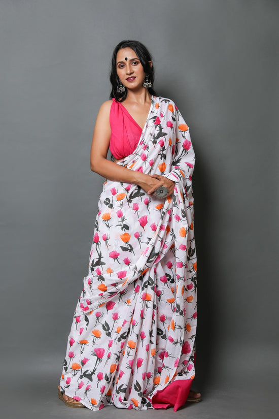 Pink Flower Cotton Mulmul Saree With Blouse Piece