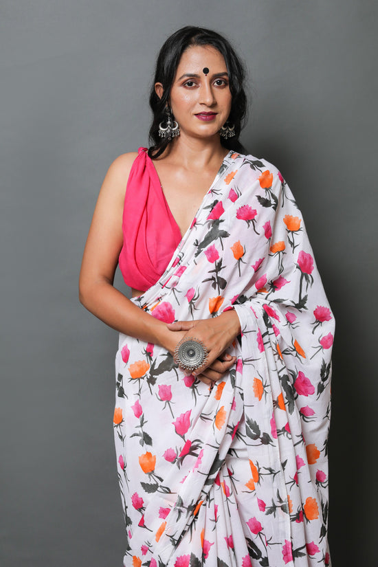 Pink Flower Cotton Mulmul Saree With Blouse Piece