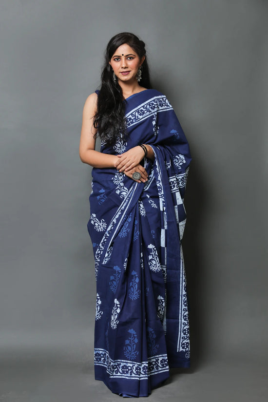 Royal Blue  Cotton Mulmul Saree With Blouse Piece