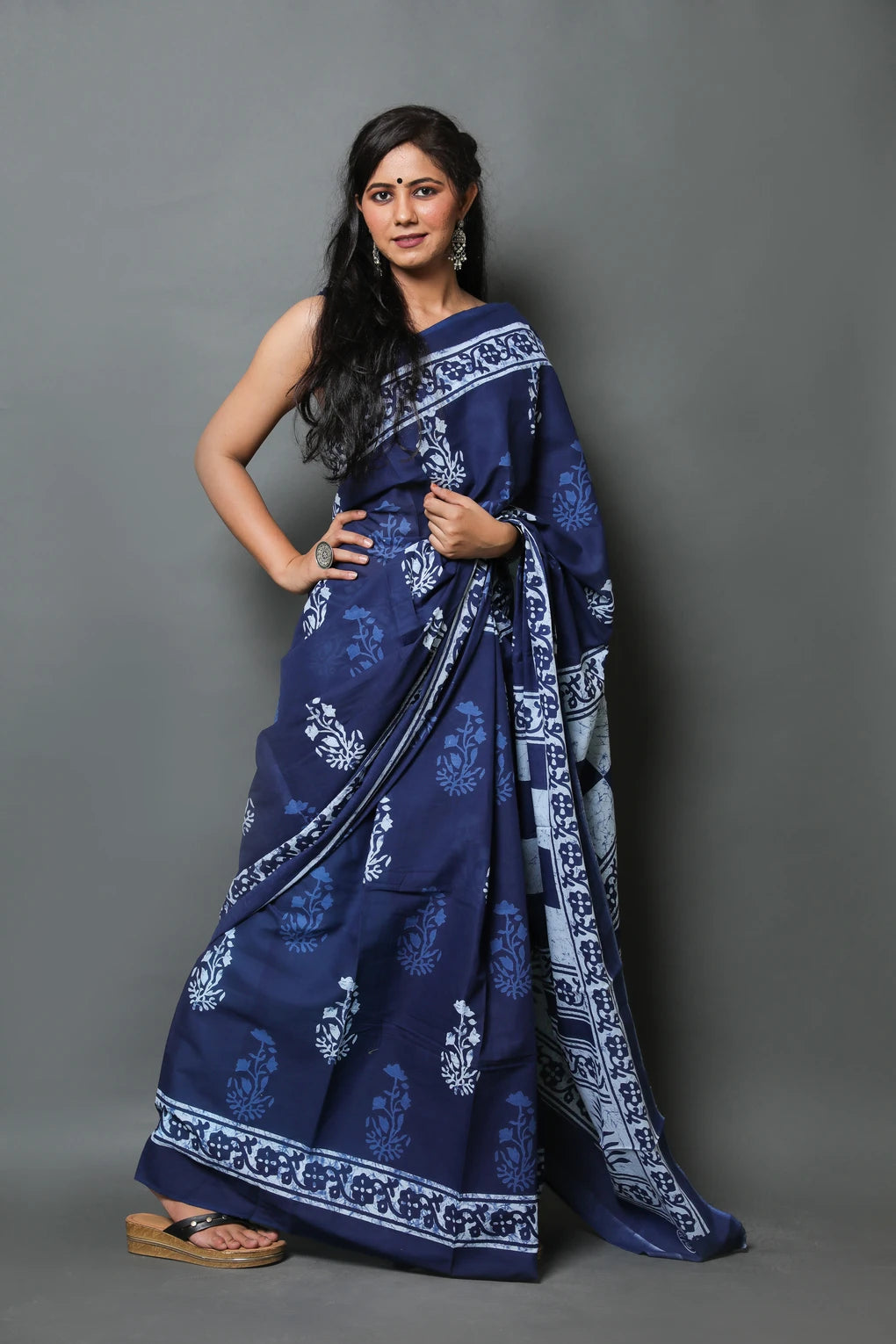 Royal Blue  Cotton Mulmul Saree With Blouse Piece