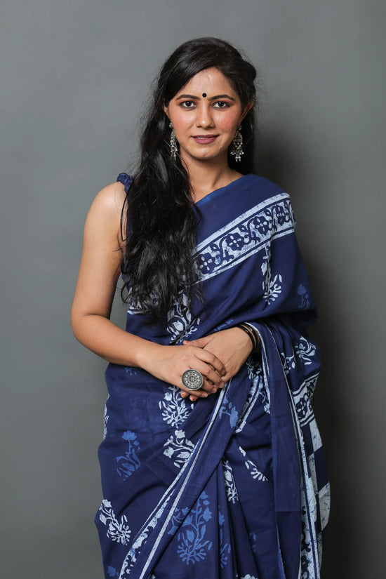 Royal Blue  Cotton Mulmul Saree With Blouse Piece
