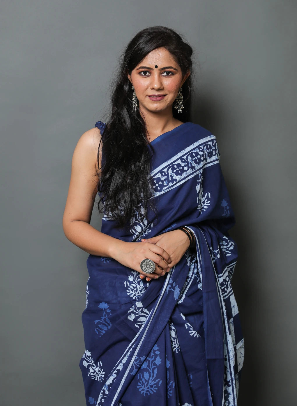 Royal Blue  Cotton Mulmul Saree With Blouse Piece